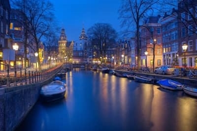 Canal at night in Amsterdam, Netherlands